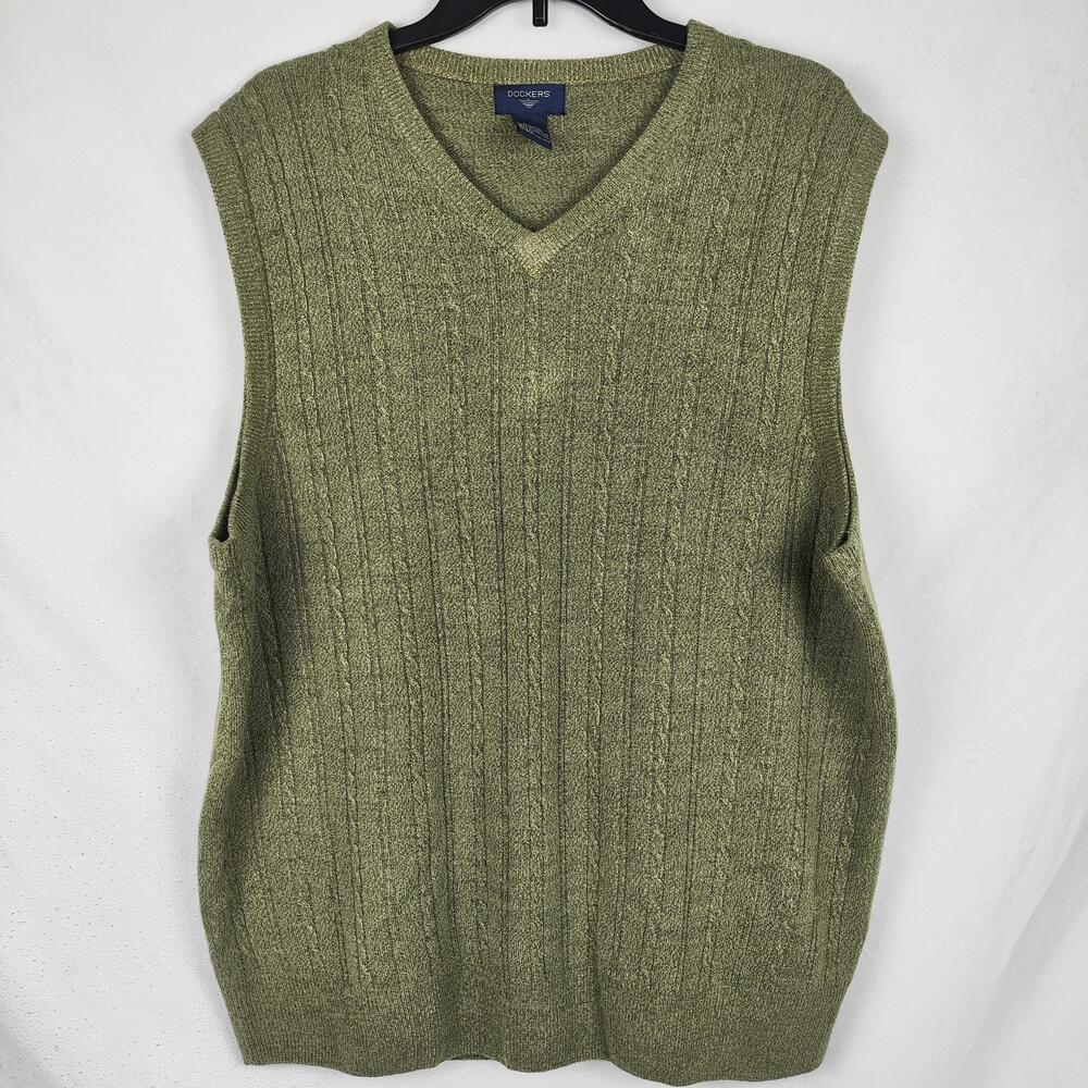 Dockers Sweater Vest Mens XL Green Cable Knit V Neck Pullover Stretch Casual